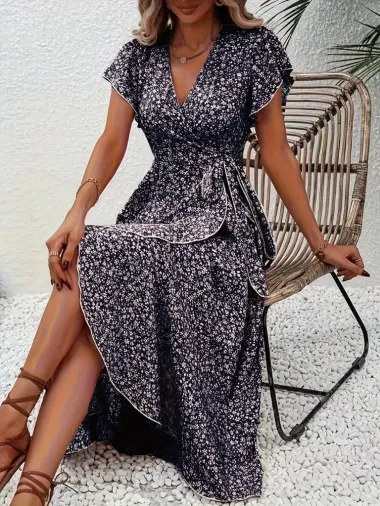 Kadın Kısa Kollu Kruvaze Yakalı Desenli Süprem Elbise - L-XL - Siyah