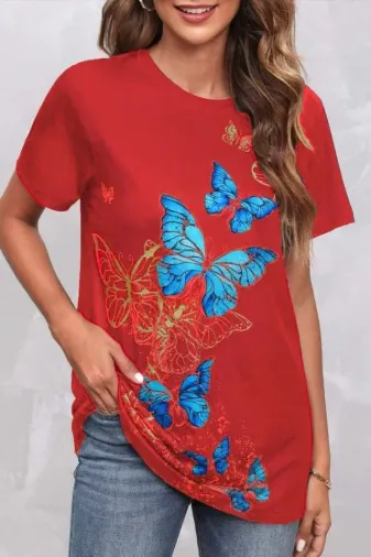 Kadın Kısa Kollu Mavi Sarı Kelebek Baskı Süprem T-shirt - 2XL-3XL - Kırmızı