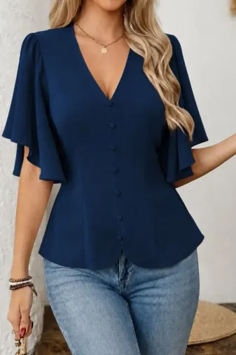 Kadın Kısa Kollu önden Düğmeli Ithal Krep Bluz - L-XL - Mavi