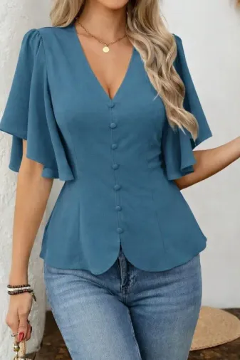 Kadın Kısa Kollu önden Düğmeli Ithal Krep Bluz - L-XL - Turkuaz