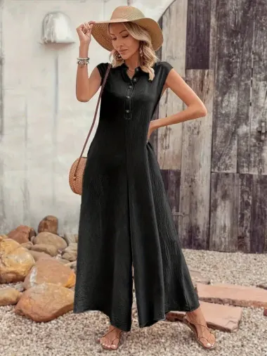 Kadın Kısa Kollu önden Düğmeli Paçaya Doğru Geniş Cepli Uzun Bürümcük Tulum - 2XL-3XL - Siyah