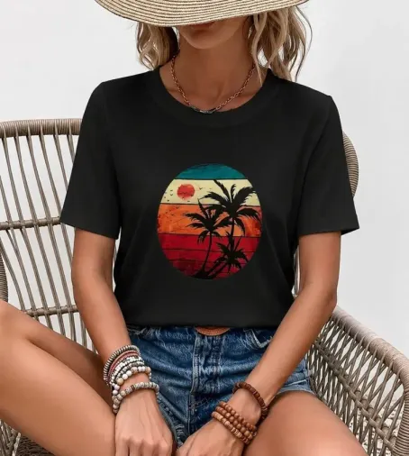 Kadın Kısa Kollu Palmiye Baskılı Viskon Bluz - 2XL-3XL - Siyah