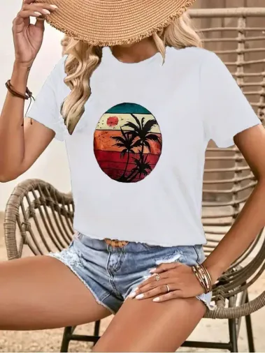 Kadın Kısa Kollu Palmiye Baskılı Viskon T-shirt - 2XL-3XL - Beyaz