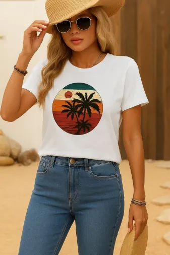 Kadın Kısa Kollu Palmiye Baskılı Viskon T-shirt - L-XL - Beyaz