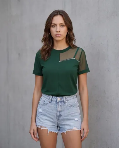 Kadın Kısa Kollu Tül Detaylı Taşlı Janjan Krep Bluz - 2XL-3XL - Yeşil