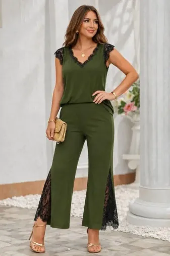 Kadın Kısa Kollu V Dantel Yakalı Sandy Bluz Pantolon Ikili Takım - 2XL-3XL - Lacivert
