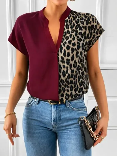 Kadın Kısa Kollu V Hakim Yakalı Leopar Desenli Sandy Bluza - 2XL-3XL - Bordo
