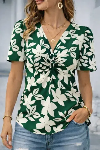 Kadın Kısa Kollu V Sarmal Yakalı çiçek Desenli Süprem Bluz - 2XL-3XL - Yeşil