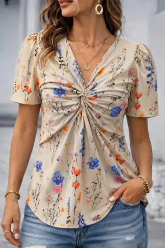 Kadın Kısa Kollu V Sarmal Yakalı çiçek Desenli Süprem Bluz - L-XL - Desenli