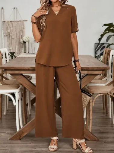 Kadın Kısa Kollu V Yakalı Aerobin Bluz Ve Pantolon Ikili Takım - L-XL - Kahve