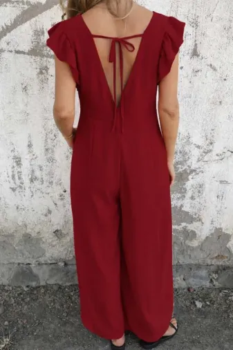 Kadın Kısa Kollu V Yakalı Arkası Derin Bağcıklı Uzun Aerobin Tulum - L-XL - Kırmızı