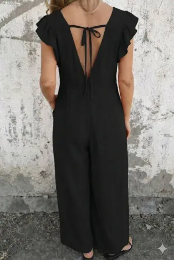 Kadın Kısa Kollu V Yakalı Arkası Derin Bağcıklı Uzun Aerobin Tulum - 2XL-3XL - Siyah