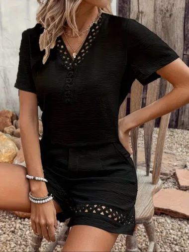 Kadın Kısa Kollu V Yakalı Bluz Ve Short Ikili Takım - 2XL-3XL - Siyah