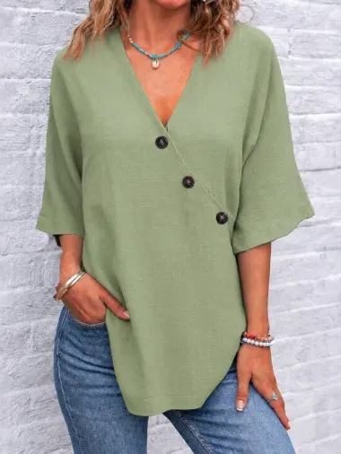 Kadın Kısa Kollu V Yakalı Düğmeli Bluz - 2XL-3XL - Yeşil