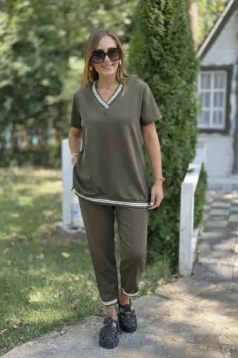 Kadın Kısa Kollu V Yakalı Iki Iplik Bluz Ve Pantolon Ikili Takım - S-M - Siyah