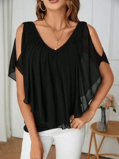 Kadın Kısa Kollu V Yakalı Omuzlardan Açık Salaş şifon Bluz - L-XL - Siyah