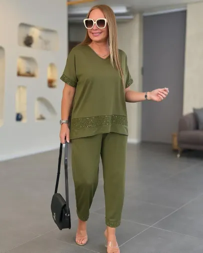 Kadın Kısa Kollu V Yakalı Pul Payetli Viskon Iki Iplik Bluz Ve Pantolon Ikili Takım - L-XL - Haki