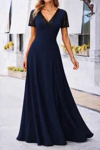 Kadın Kısa Kollu V Yakalı Uzun Janjan Krep Elbise - 2XL-3XL - Lacivert