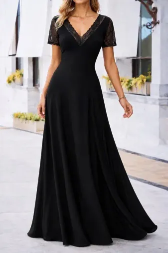 Kadın Kısa Kollu V Yakalı Uzun Janjan Krep Elbise - L-XL - Siyah