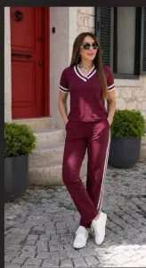 Kadın Kısa Kollu V Yakalı Viskon Iki Iplik Bluz Ve Pantolon Ikili Takım - S-M - Bordo