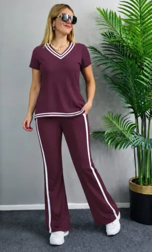 Kadın Kısa Kollu V Yakalı Viskon Iki Iplik Bluz Ve Pantolon Ikili Takım - L-XL - Bordo