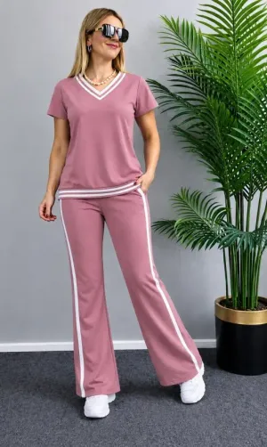 Kadın Kısa Kollu V Yakalı Viskon Iki Iplik Bluz Ve Pantolon Ikili Takım - S-M - Pembe