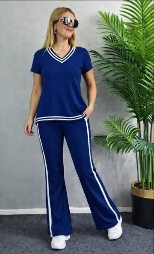 Kadın Kısa Kollu V Yakalı Viskon Iki Iplik Bluz Ve Pantolon Ikili Takım - L-XL - Saks Mavi