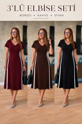 Kadın Kısa Kollu V Yakalı Yanları şerit Detaylı Viskon Iki Iplik Midi Elbise 3'lü Renk Paketi - 2XL-3XL - Çok Renkli