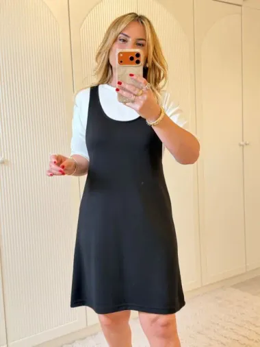 Kadın Kısa Kollu Ve Kalın Askılı Ikili Modal Elbise - 2XL-3XL - Siyah