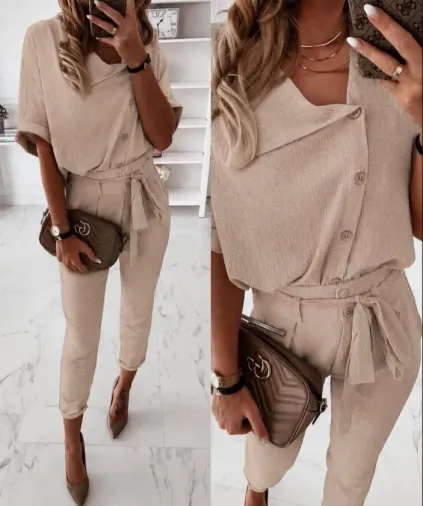 Kadın Kısa Kollu Yakalı önden Düğmeli Bürümcük Bluz Ve Pantolon Ikili Takım - 2XL-3XL - Bej