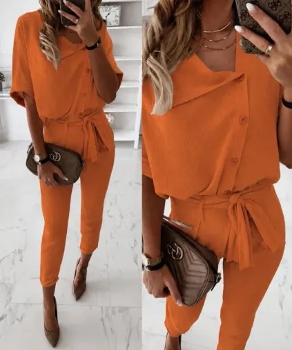 Kadın Kısa Kollu Yakalı önden Düğmeli Bürümcük Bluz Ve Pantolon Ikili Takım - 2XL-3XL - Turuncu
