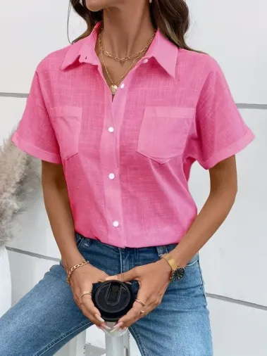 Kadın Kısa Kollu Yakalı önden Düğmeli Gömlek - L-XL - Pembe