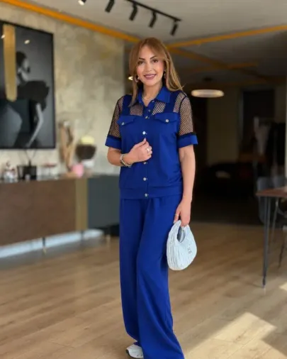 Kadın Kısa Kollu Yakalı Onu Düğmeli File Detaylı Modal Ceket Ve Pantolon Ikili Tanım - 2XL-3XL - Lacivert