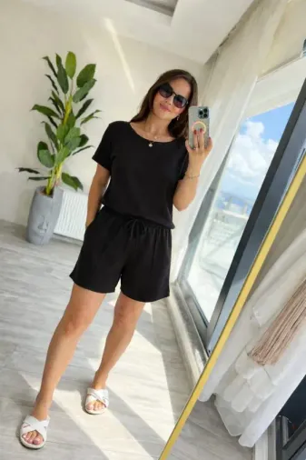 Kadın Kısa Kollu Yakası Açık Modal Bluz Ve Bağcıklı Kısa şort Ikili Takım - L-XL - Siyah