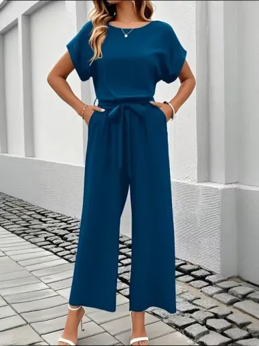Kadın Kısa Kollu Yuvarlak Yakalı Beli Lastikli Cepli Aerobin Tulum - L-XL - Mavi