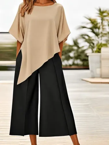 Kadın Kısa Kollu Yuvarlak Yakalı önü Asimetrik Kesim Detaylı Dubai Bluz Ve Geniş Paçalı Yüksek Bel Janjan Krep Pantolon Ikili Takım - L-XL - Sütlü Kah