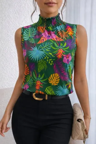 Kadın Kolsuz Balıkçı Yaka Desenli Süprem Bluz - L-XL - Yeşil