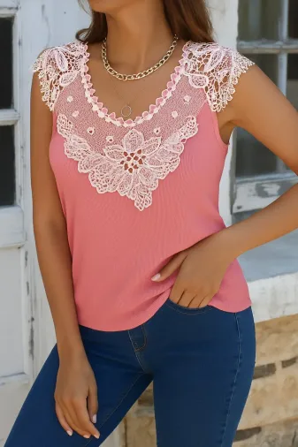 Kadın Kolsuz Dantel Yaka Kaşkorse Bluz - L-XL - Pembe