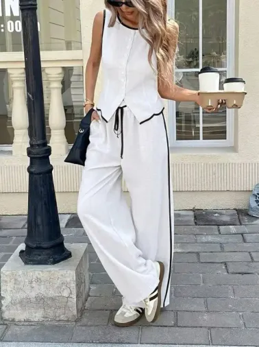 Kadın Kolsuz önü Düğmeli Yelek Ve Pantolon Ikili Takım - 2XL-3XL - Beyaz