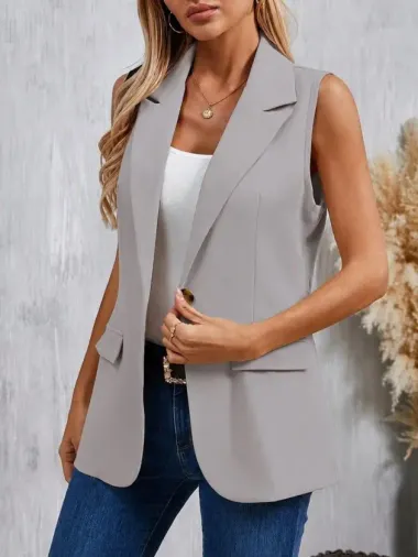 Kadın Kolsuz Yakalı önden Tek Düğmeli Atlas Ceket - L-XL - Gri
