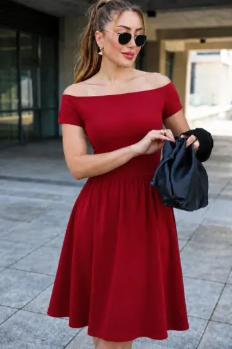 Kadın Madonna Yaka Kısa Kollu Kısa Janjan Krep Elbise - 2XL-3XL - Kırmızı