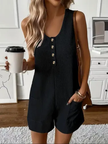 Kadın Omuz Askılı önden Düğmeli Waffle Kısa Tulum - 2XL-3XL - Siyah