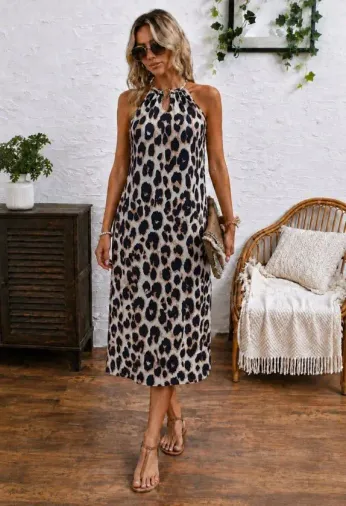Kadın Omuzlardan Açık Yakada Halka Detaylı Leopar Desenli Midi Süprem Elbise - 2XL-3XL - Leopar