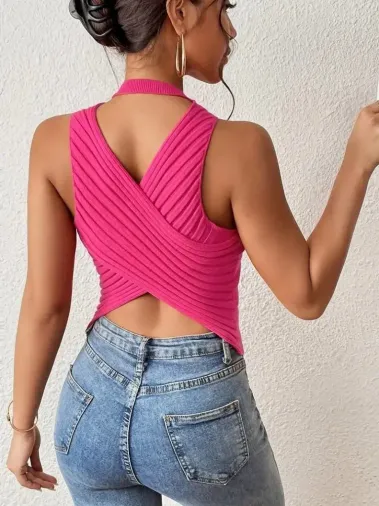 Kadın Sıfır Kol Sırt çapraz Detay Triko Bluz - STANDART - Pembe