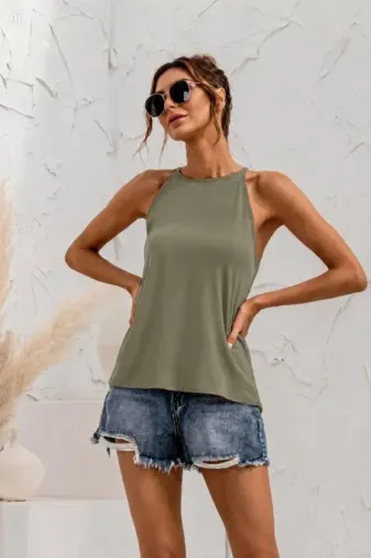 Kadın Sırtı Damla Detay Kolsuz Atlet Bluz - 2XL-3XL - Haki