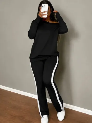 Kadın Tek Omuzdan Açık Uzun Kollu Viskon Iki Iplik Bluz Ve Yan şerit Detaylı Pantolon Ikili Takım - L-XL - Siyah
