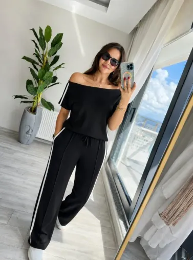 Kadın Tek Omuzdan Açık Yan şerit Detaylı Viskon Iki Iplik Bluz Ve Pantolon Ikili Takım - 2XL-3XL - Siyah