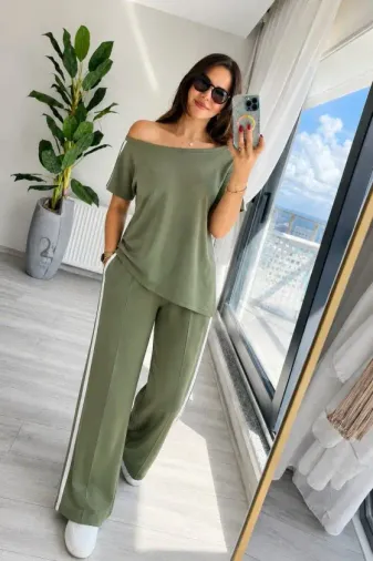 Kadın Tek Omuzdan Açık Yan şerit Detaylı Viskon Iki Iplik Bluz Ve Pantolon Ikili Takım - L-XL - Yeşil