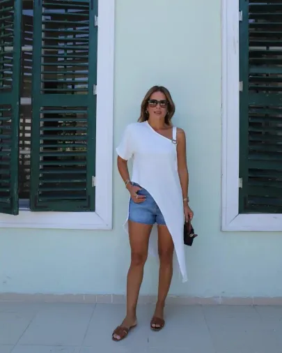 Kadın Tek Omuzu Açık Askılı Asimetrik Kesim Detaylı Bluz - L-XL - Beyaz