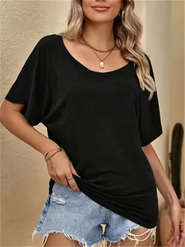 Kadın Tek Omuzu Açık Kısa Kollu Salaş Viskon Bluz - 2XL-3XL - Siyah